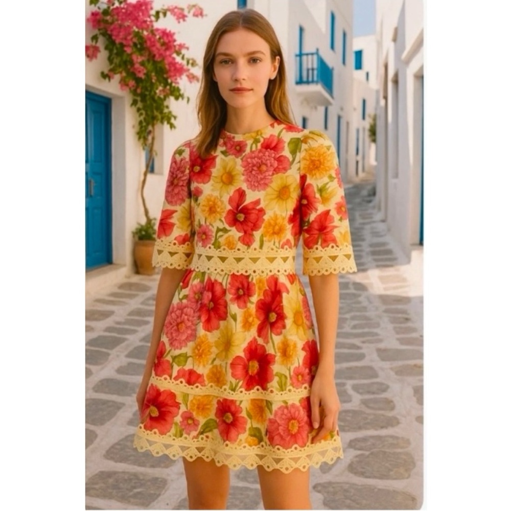 Menti Women’s Red & Yellow Floral Crochet Lace Trim Retro Mini Dress Size: Small